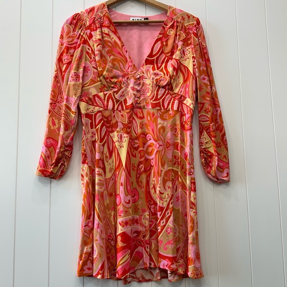 Rixo Jules Abstract Print Mini Dress 100% Silk Paisley Pink Retro Hippie Boho XL - Picture 7 of 16